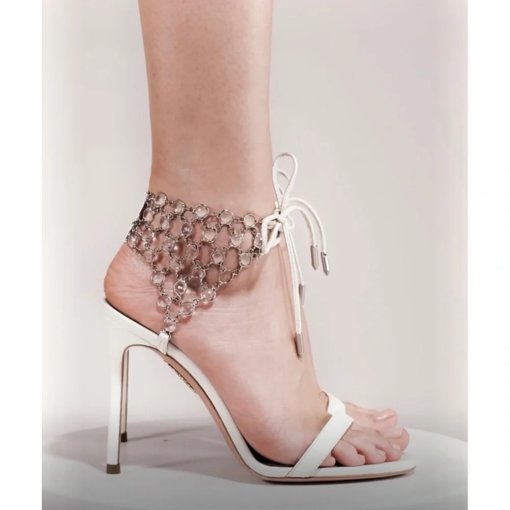 Aquazzura White Crystal Web Leather Ankle-Tie Leather Stiletto Sandal US…
